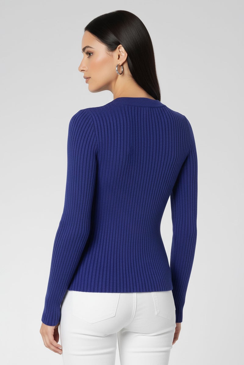 PINKO Women Crew Neck Long Sleeve Textured Top, Indigo - Image 3